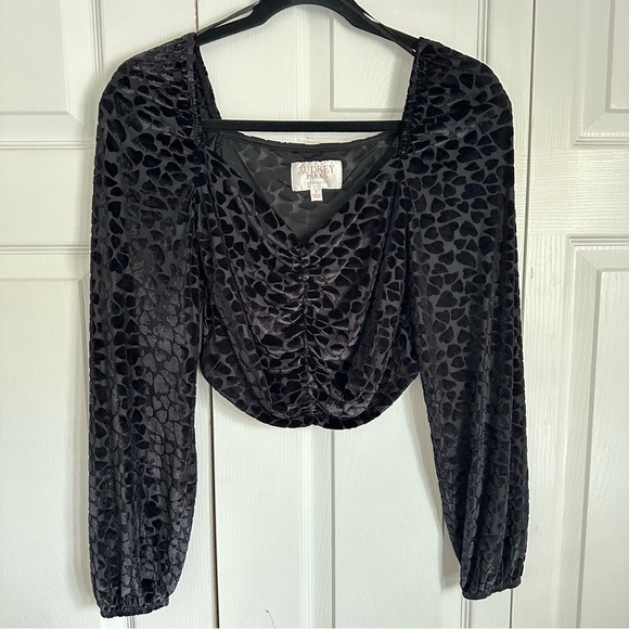 Audrey Parks Velvet Burnout Ruched Blouse Womens S Black Animal Print Whimsigoth - Picture 1 of 8